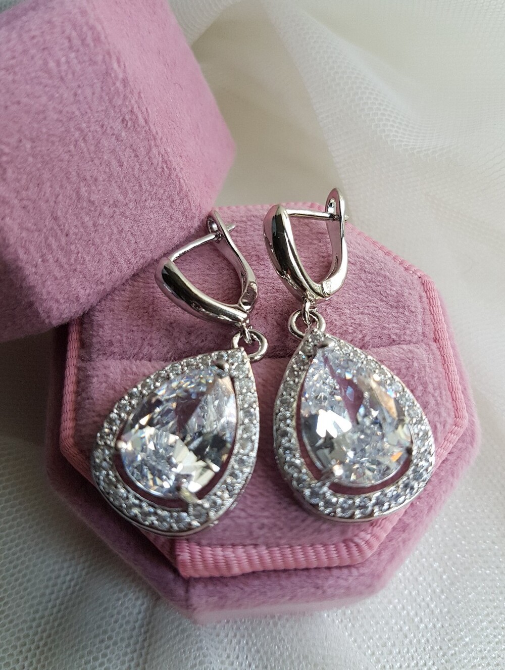 Swarovski Elements 925 Sterling Silver Large White Teardrop Halo Necklace NEW - Picture 3 of 12